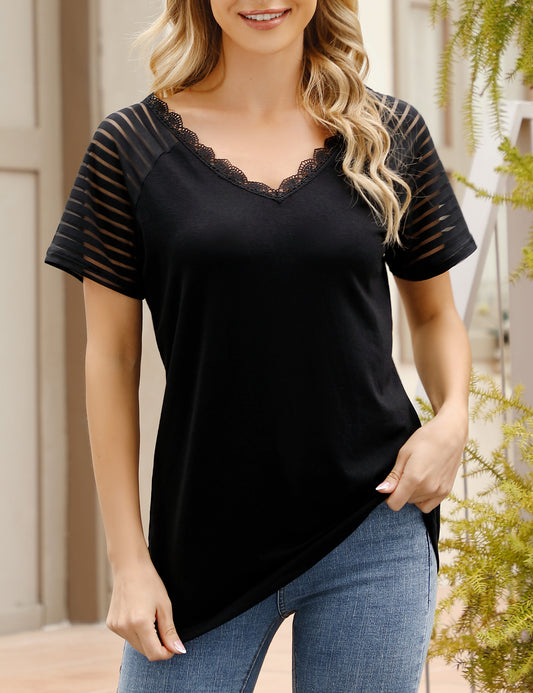 YESFASHION Women's Sheer Sleeve Top Panel T-Shirt