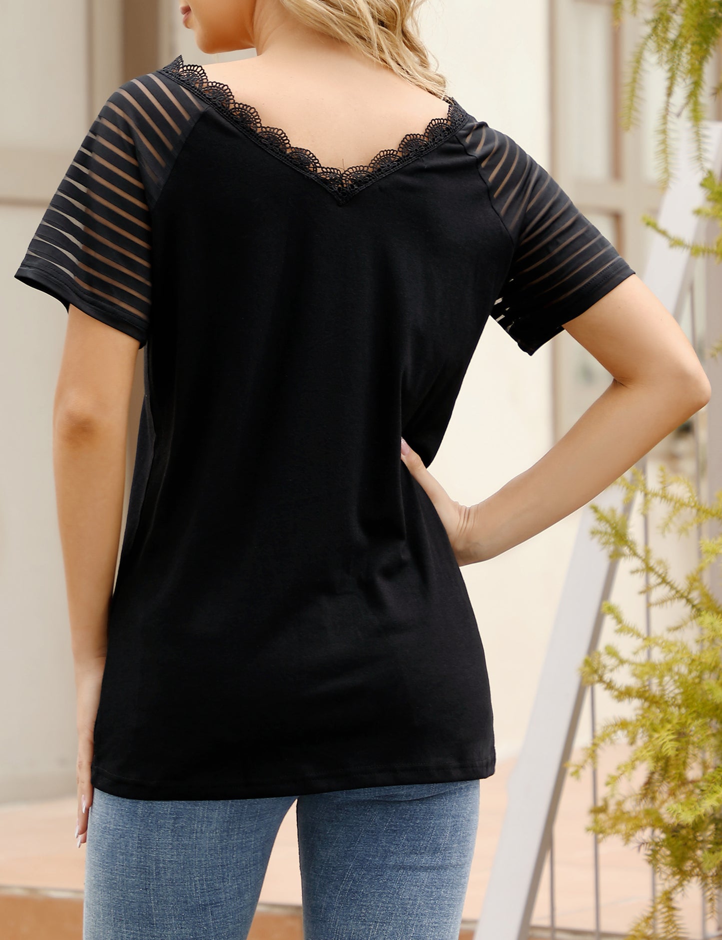 YESFASHION Women's Sheer Sleeve Top Panel T-Shirt