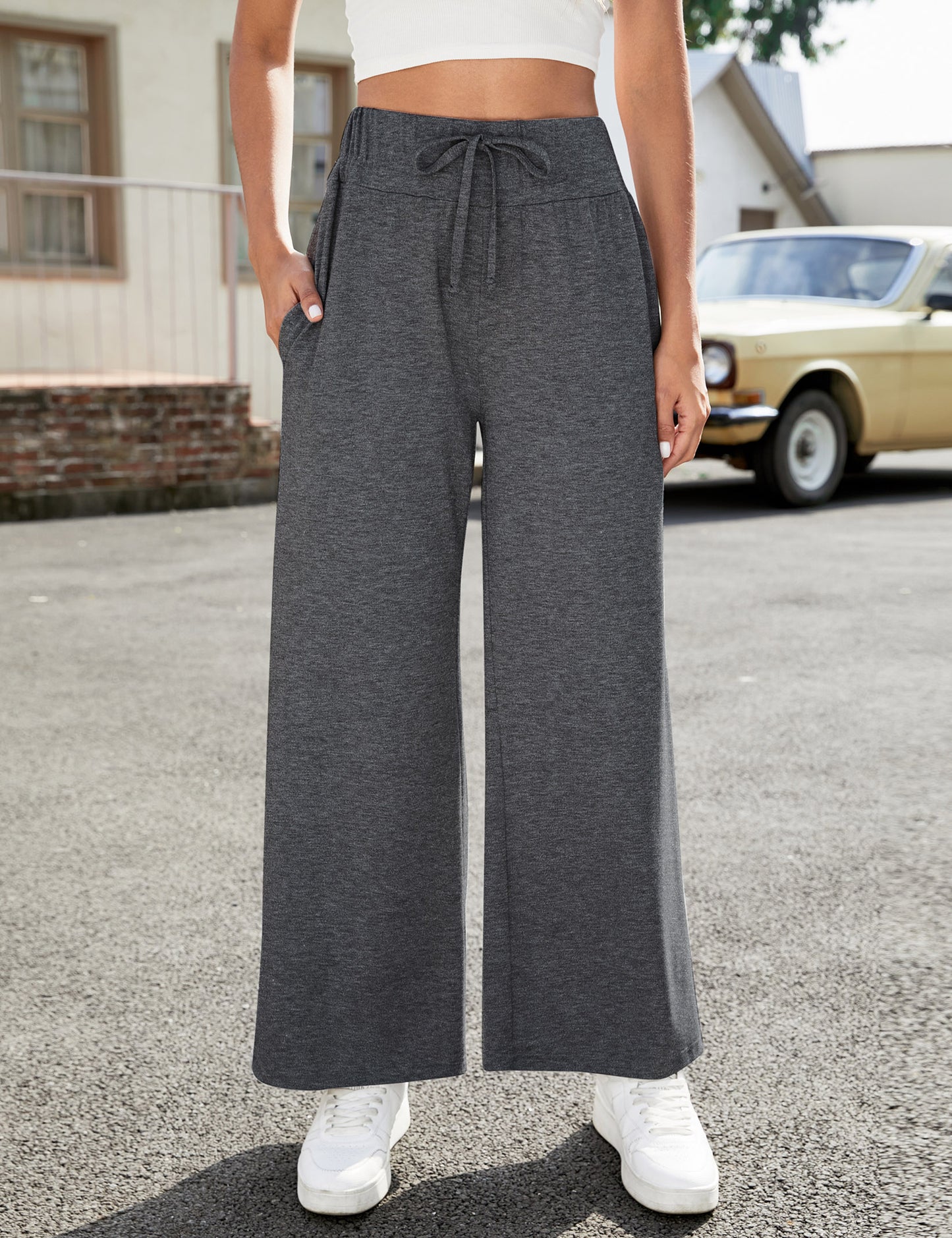 YESFASHION Women's Yoga Pants with Pockets Drawstring Pants Grey