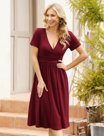 YESFASHION Women's V-neck Casual Dress Wine Red