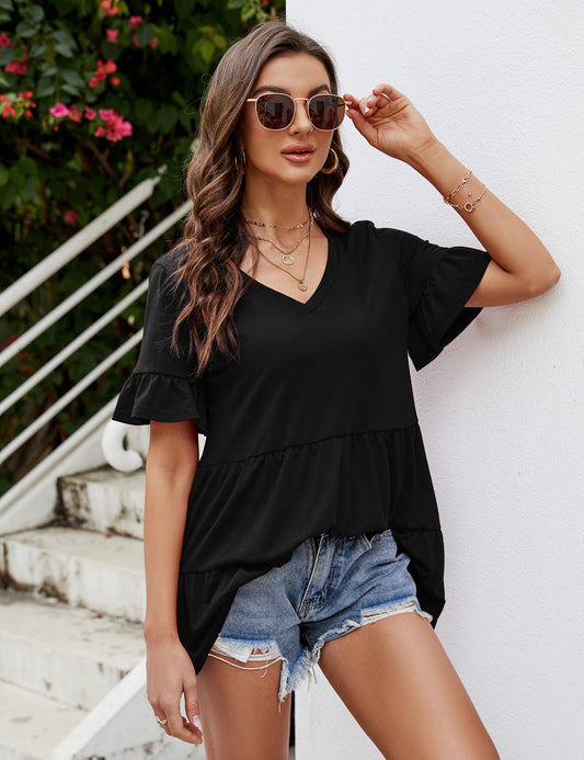 YESFASHION Peplum Tops for Women Summer Casual V Neck T Shirts Black