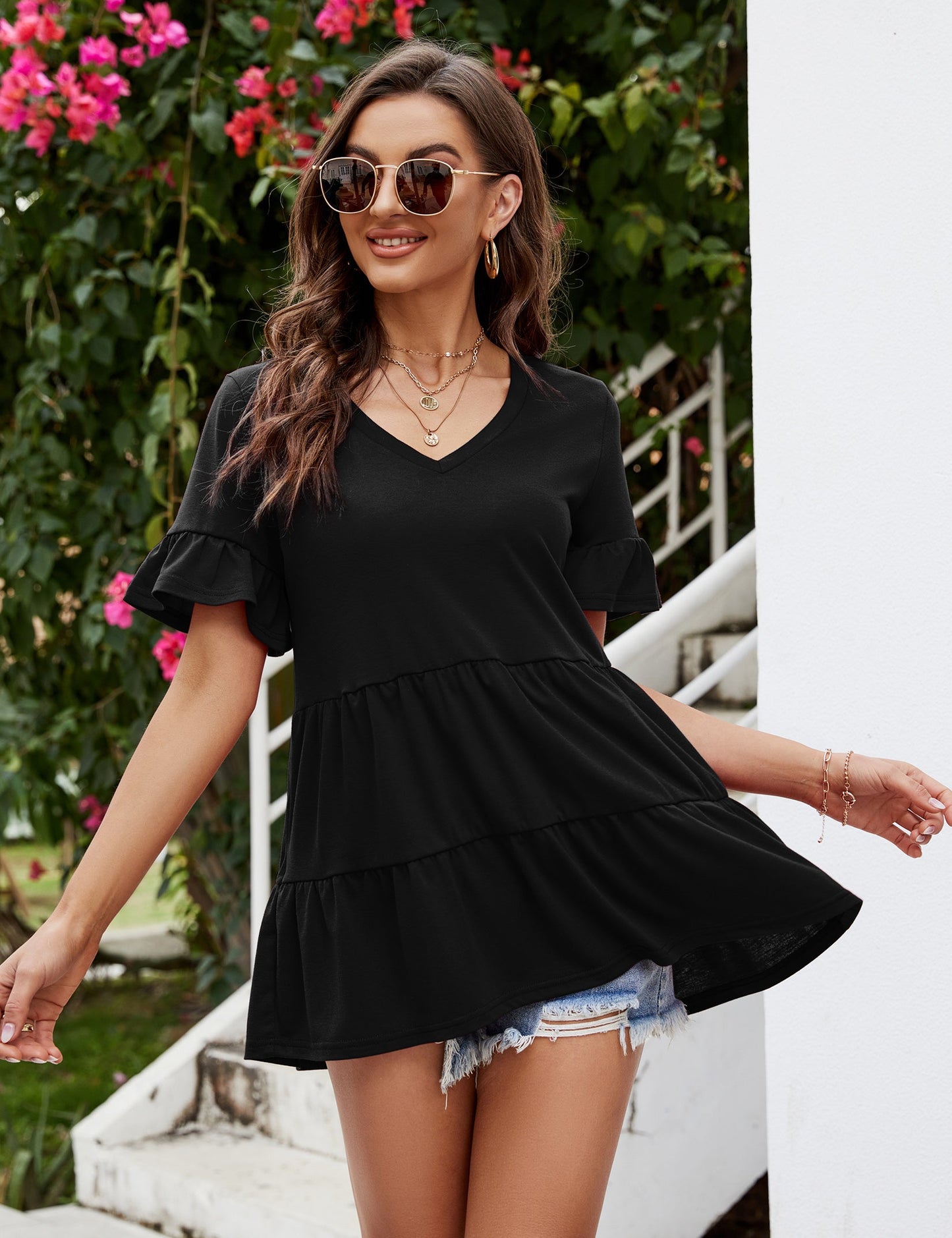 YESFASHION Peplum Tops for Women Summer Casual V Neck T Shirts Black