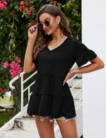 YESFASHION Peplum Tops for Women Summer Casual V Neck T Shirts Black
