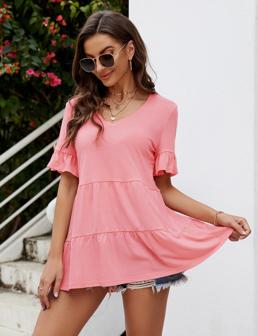 YESFASHION Peplum Tops for Women Summer Casual V Neck T Shirts Pink