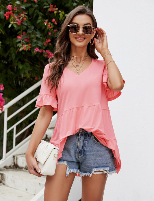 YESFASHION Peplum Tops for Women Summer Casual V Neck T Shirts Pink