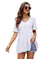 YESFASHION Peplum Tops for Women Summer Casual V Neck T Shirts White