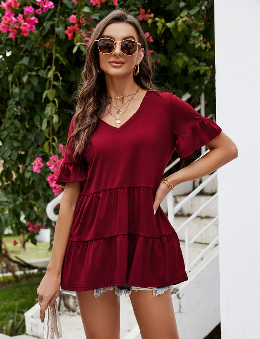 YESFASHION Peplum Tops for Women Summer Casual V Neck T Shirts Wine Red