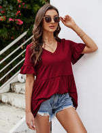 YESFASHION Peplum Tops for Women Summer Casual V Neck T Shirts Wine Red