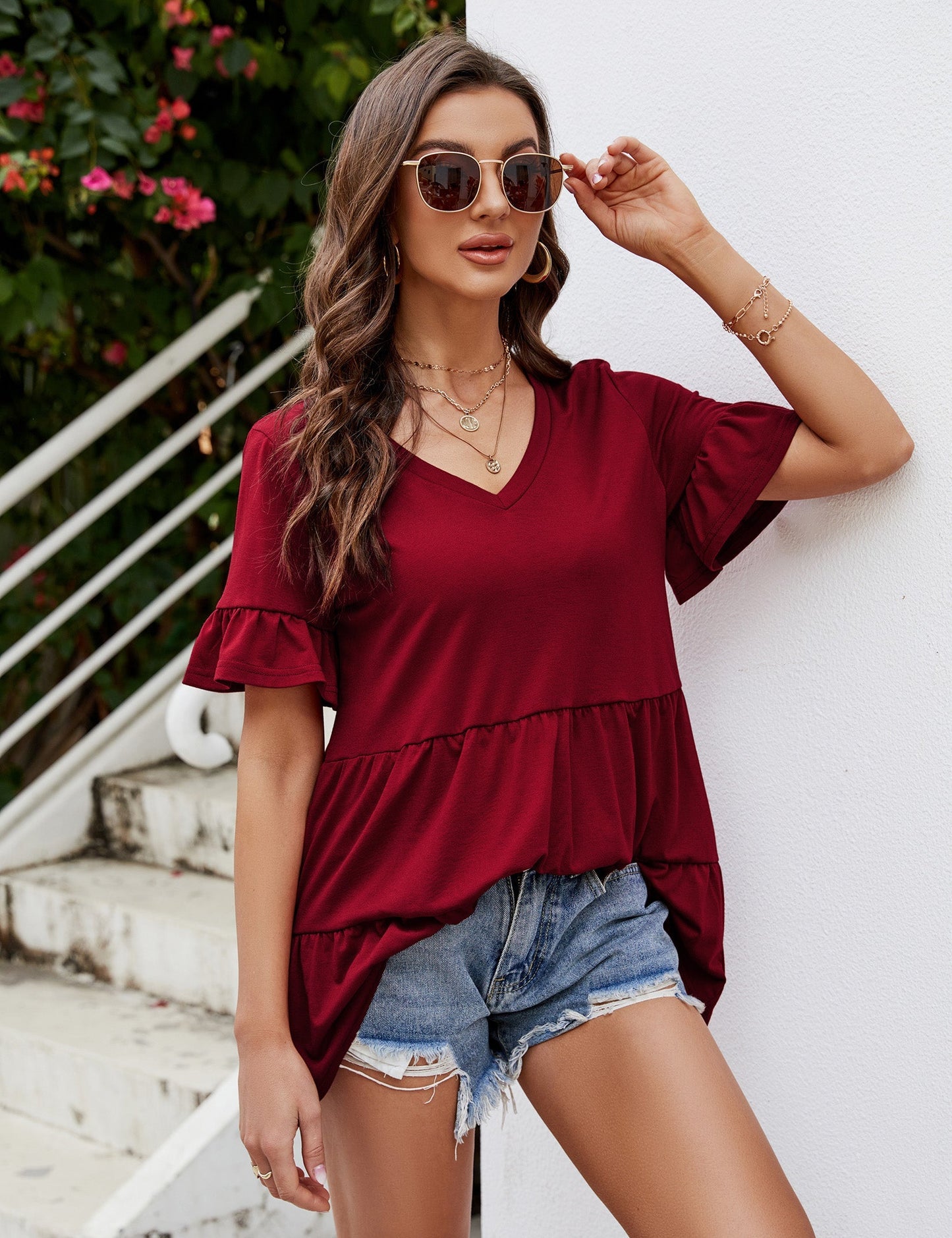 YESFASHION Peplum Tops for Women Summer Casual V Neck T Shirts Kakai