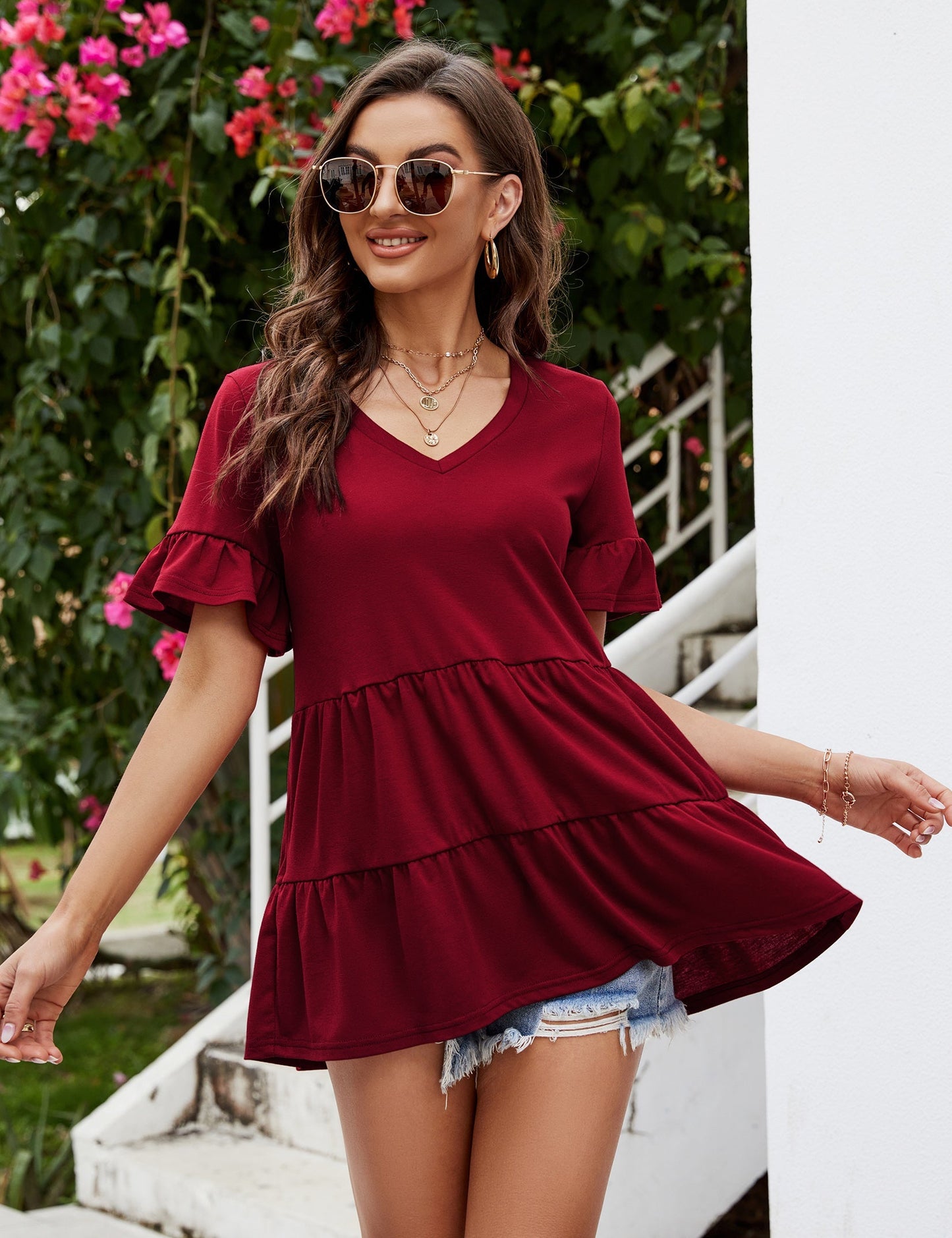 YESFASHION Peplum Tops for Women Summer Casual V Neck T Shirts Wine Red