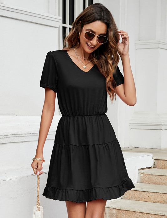 YESFASHION Women's Ruffled Mini Dress Black