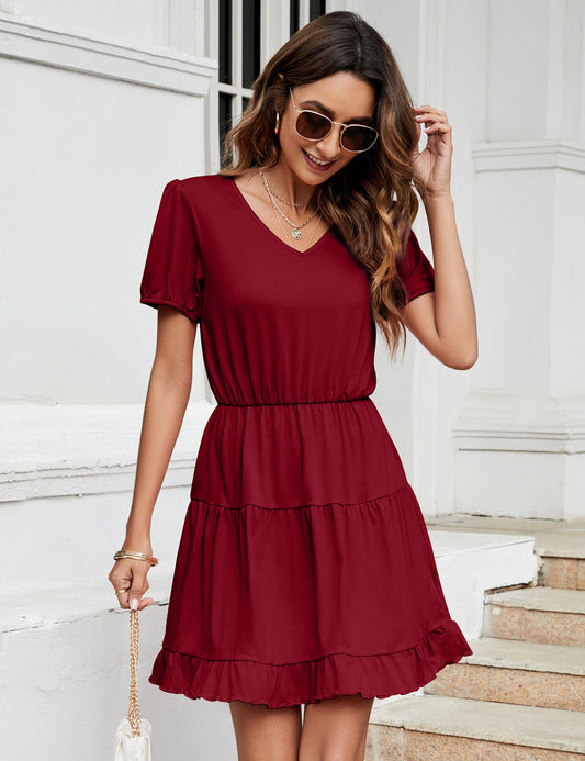YESFASHION Women's Ruffled Mini Dress Wine Red