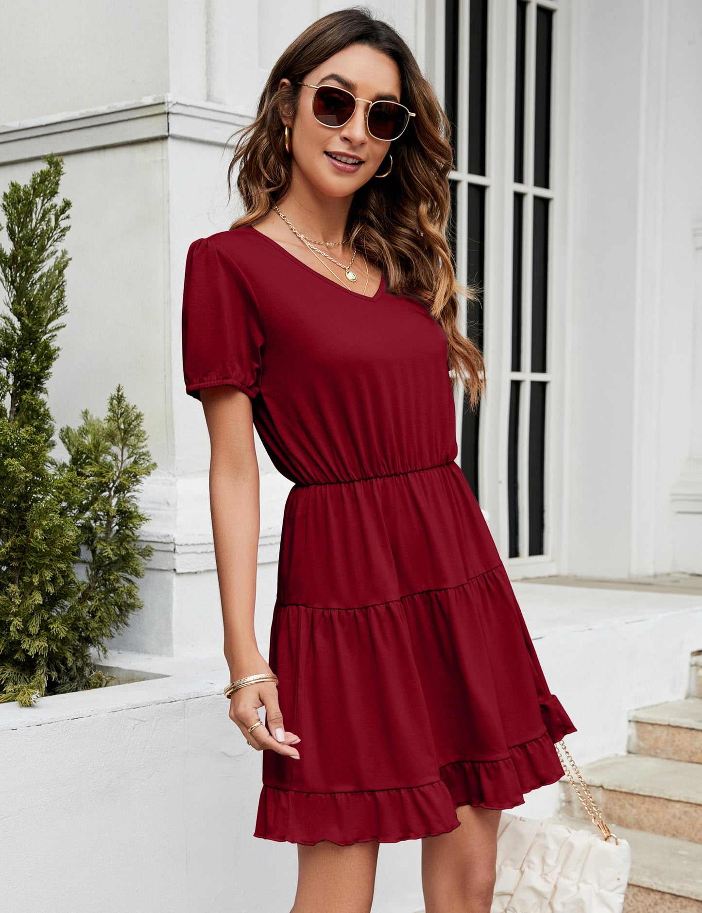 YESFASHION Women's Ruffled Mini Dress Wine Red