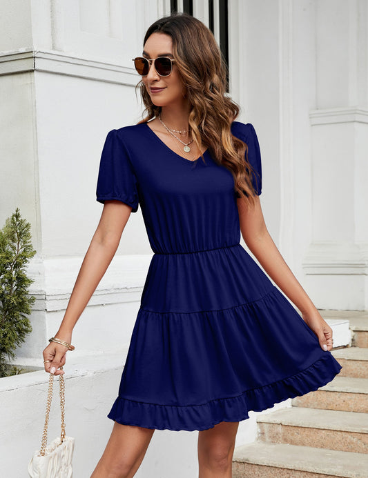 YESFASHION Women's Ruffled Mini Dress Navy Blue