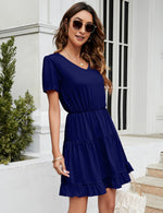 YESFASHION Women's Ruffled Mini Dress Navy Blue