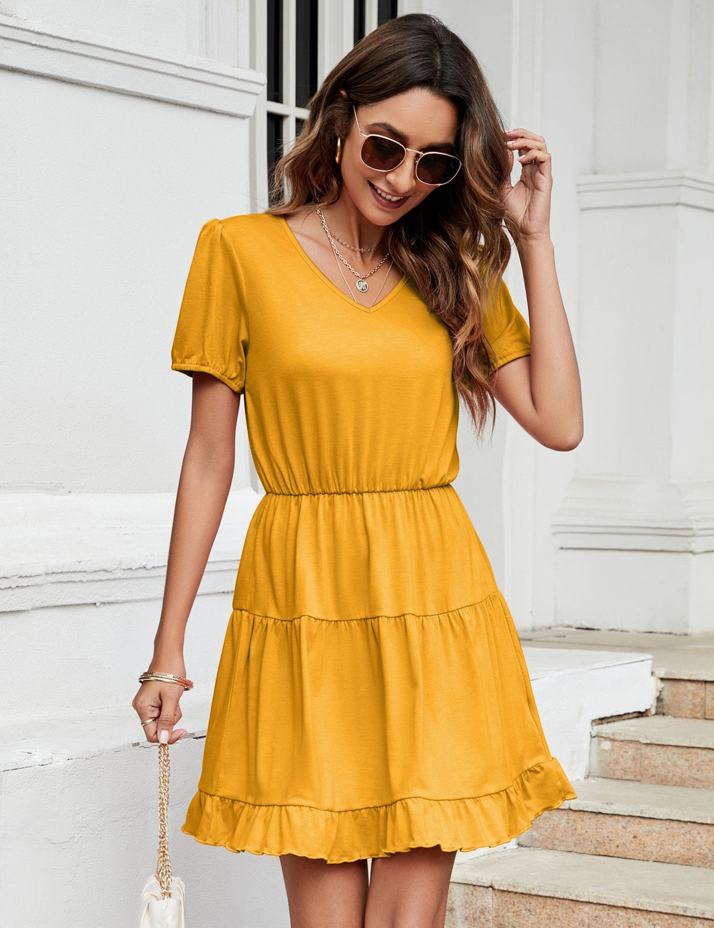 YESFASHION Women's Ruffled Mini Dress Yellow