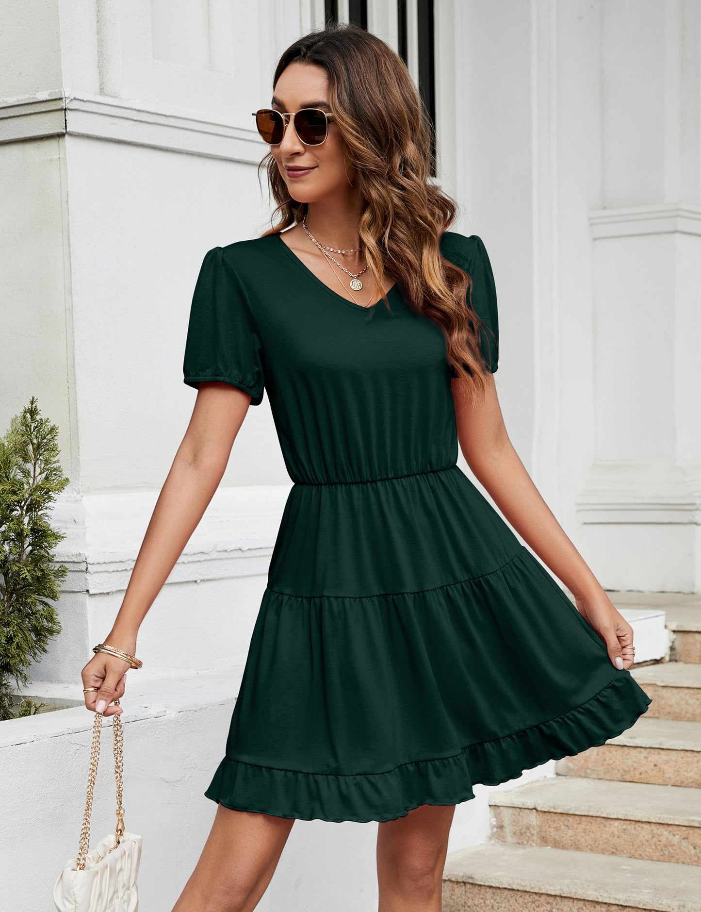 YESFASHION Women's Ruffled Mini Dress Green