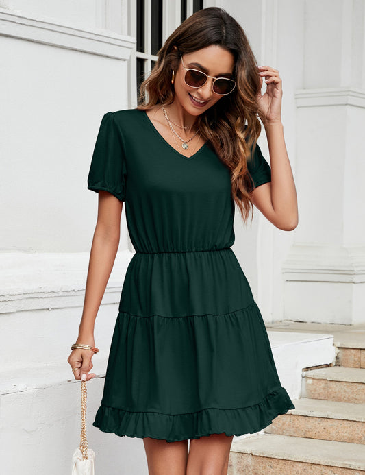 YESFASHION Women's Ruffled Mini Dress Green
