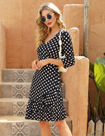 YESFASHION Women's Wrap Dress 3/4 Sleeve Ruffle Midi Dress Polka Dots PBY-0VT0