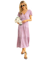 YESFASHION Women's Ruffle Floral V Neck Boho Layered Dress