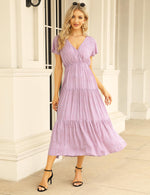 YESFASHION Women's Ruffle Floral V Neck Boho Layered Dress Green