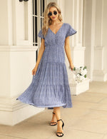 YESFASHION Women's Ruffle Floral V Neck Boho Layered Dress Blue