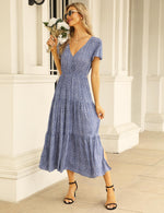 YESFASHION Women's Ruffle Floral V Neck Boho Layered Dress Blue