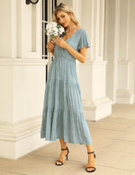 YESFASHION Women's Ruffle Floral V Neck Boho Layered Dress Green