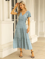 YESFASHION Women's Ruffle Floral V Neck Boho Layered Dress Green