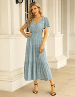 YESFASHION Women's Ruffle Floral V Neck Boho Layered Dress Green