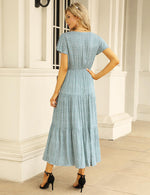 YESFASHION Women's Ruffle Floral V Neck Boho Layered Dress Green