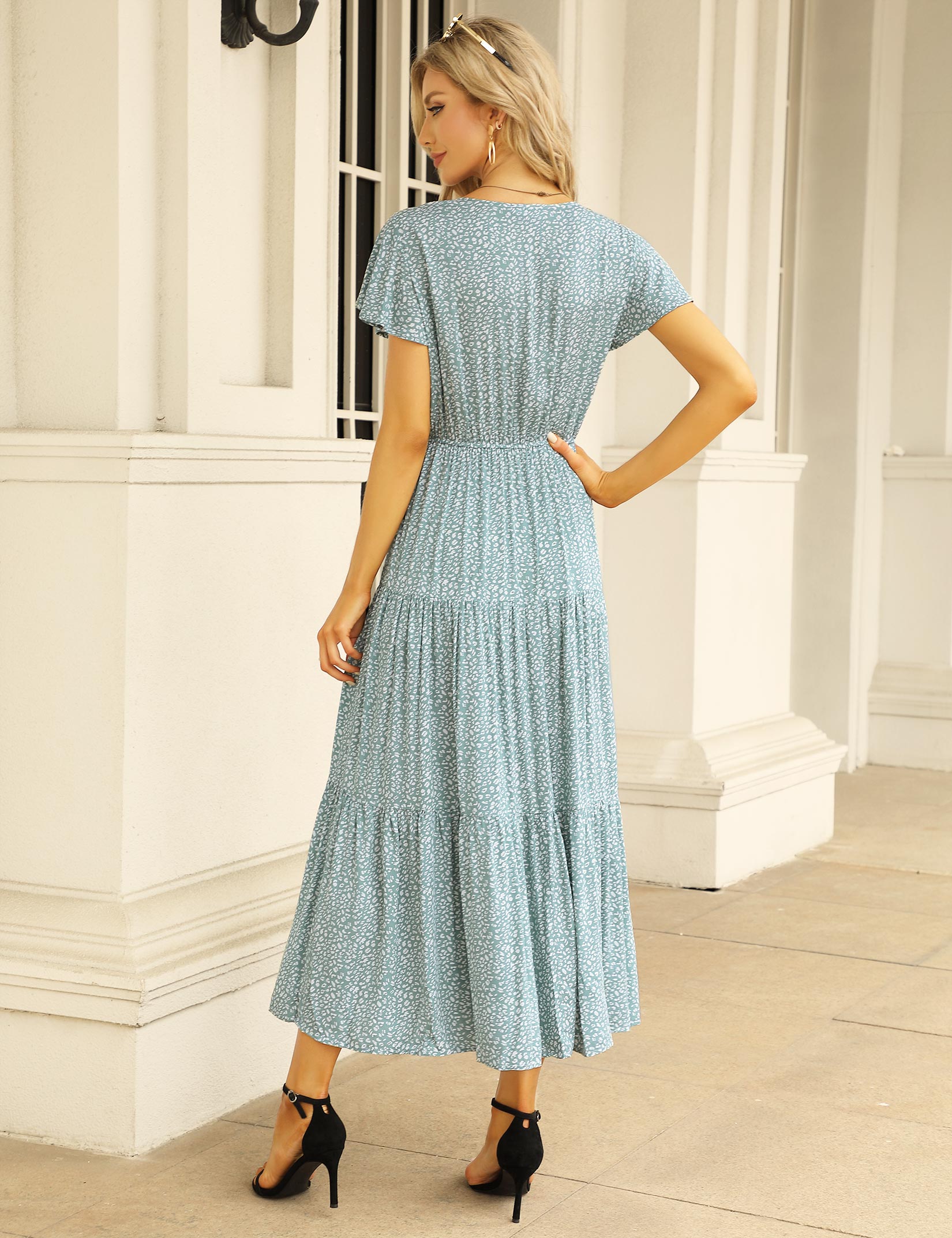 YESFASHION Women's Ruffle Floral V Neck Boho Layered Dress Green