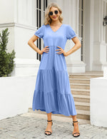 YESFASHION Boho Swing Straight Long Puff Sleeve Maxi Dress Blue