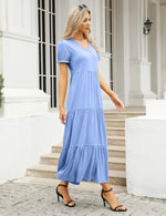 YESFASHION Boho Swing Straight Long Puff Sleeve Maxi Dress Blue