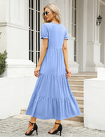 YESFASHION Boho Swing Straight Long Puff Sleeve Maxi Dress Blue