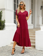 YESFASHION Boho Swing Straight Long Puff Sleeve Maxi Dress Khaki