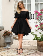 YESFASHION Mesh Fabric Off Shoulder Tunic Mini Dress Black