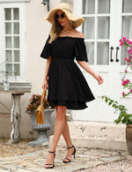 YESFASHION Mesh Fabric Off Shoulder Tunic Mini Dress Black