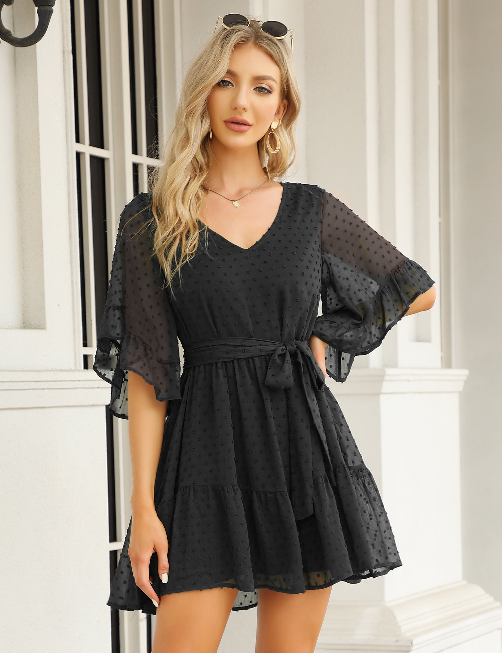 YESFASHION Women's Summer Chiffon Polka Dot Bell Sleeve Dress Pink