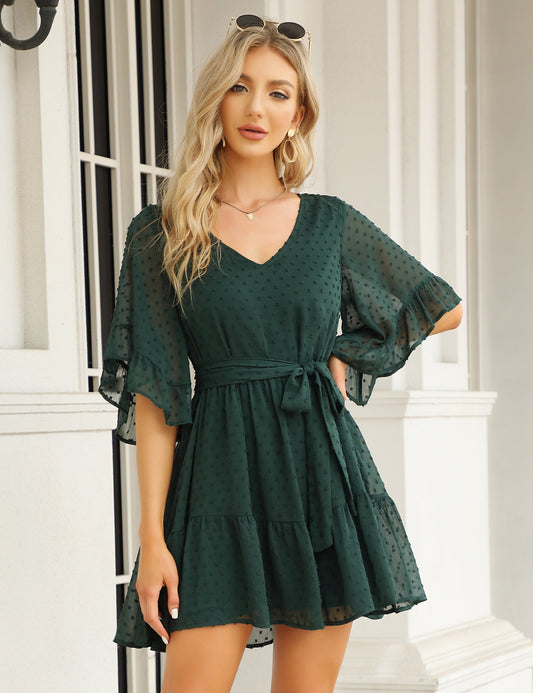 YESFASHION Women's Summer Chiffon Polka Dot Bell Sleeve Dress Green