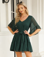 YESFASHION Women's Summer Chiffon Polka Dot Bell Sleeve Dress Green