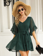 YESFASHION Women's Summer Chiffon Polka Dot Bell Sleeve Dress Green