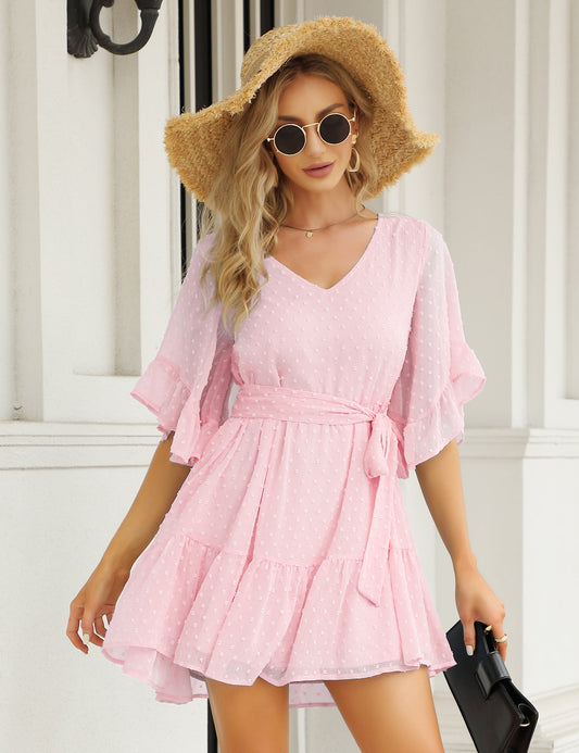 YESFASHION Women's Summer Chiffon Polka Dot Bell Sleeve Dress Pink