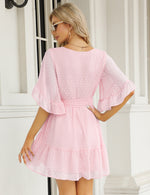 YESFASHION Women's Summer Chiffon Polka Dot Bell Sleeve Dress Pink