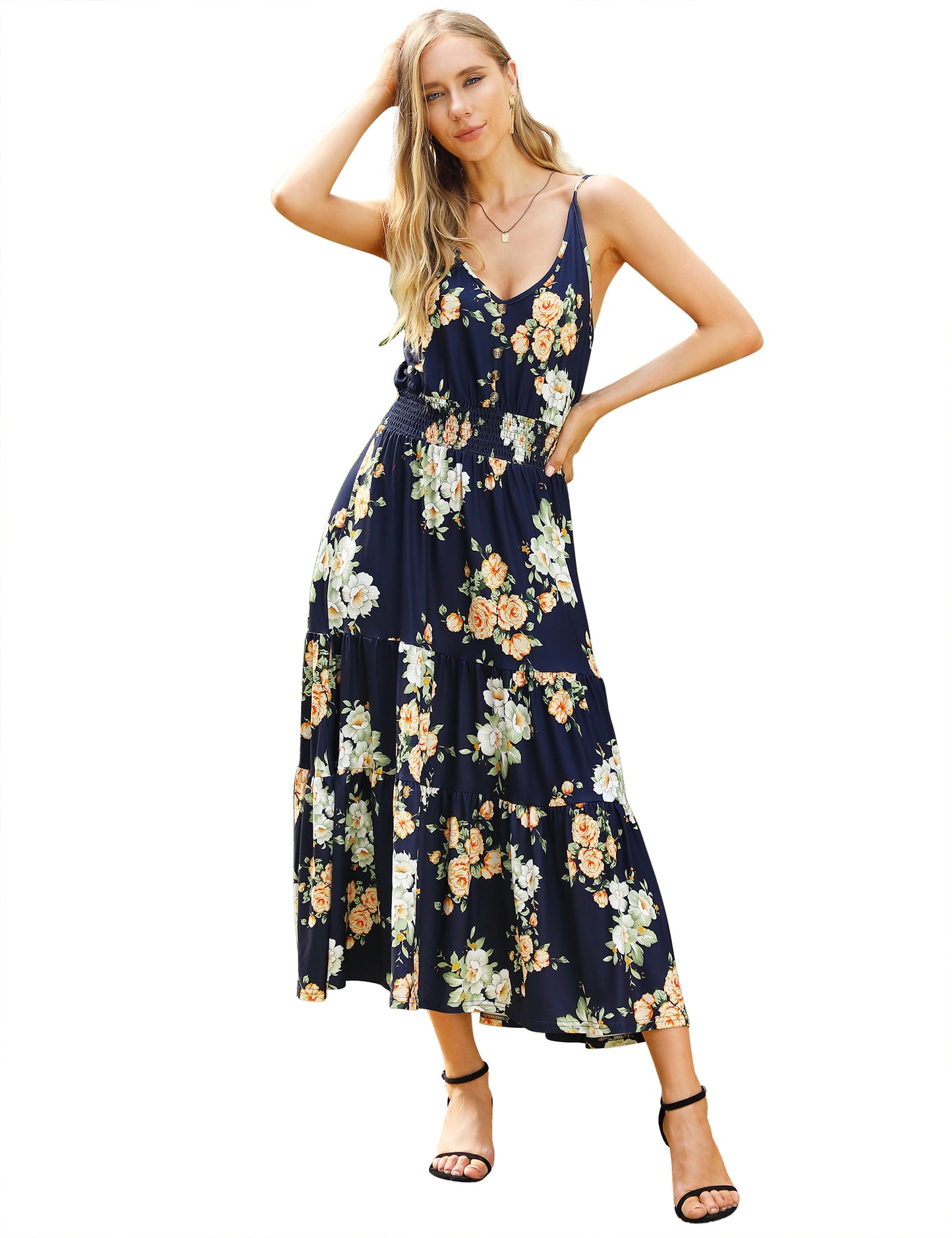 YESFASHION WOMEN Button Loose Waist Tight Waist Long Skirt Dress