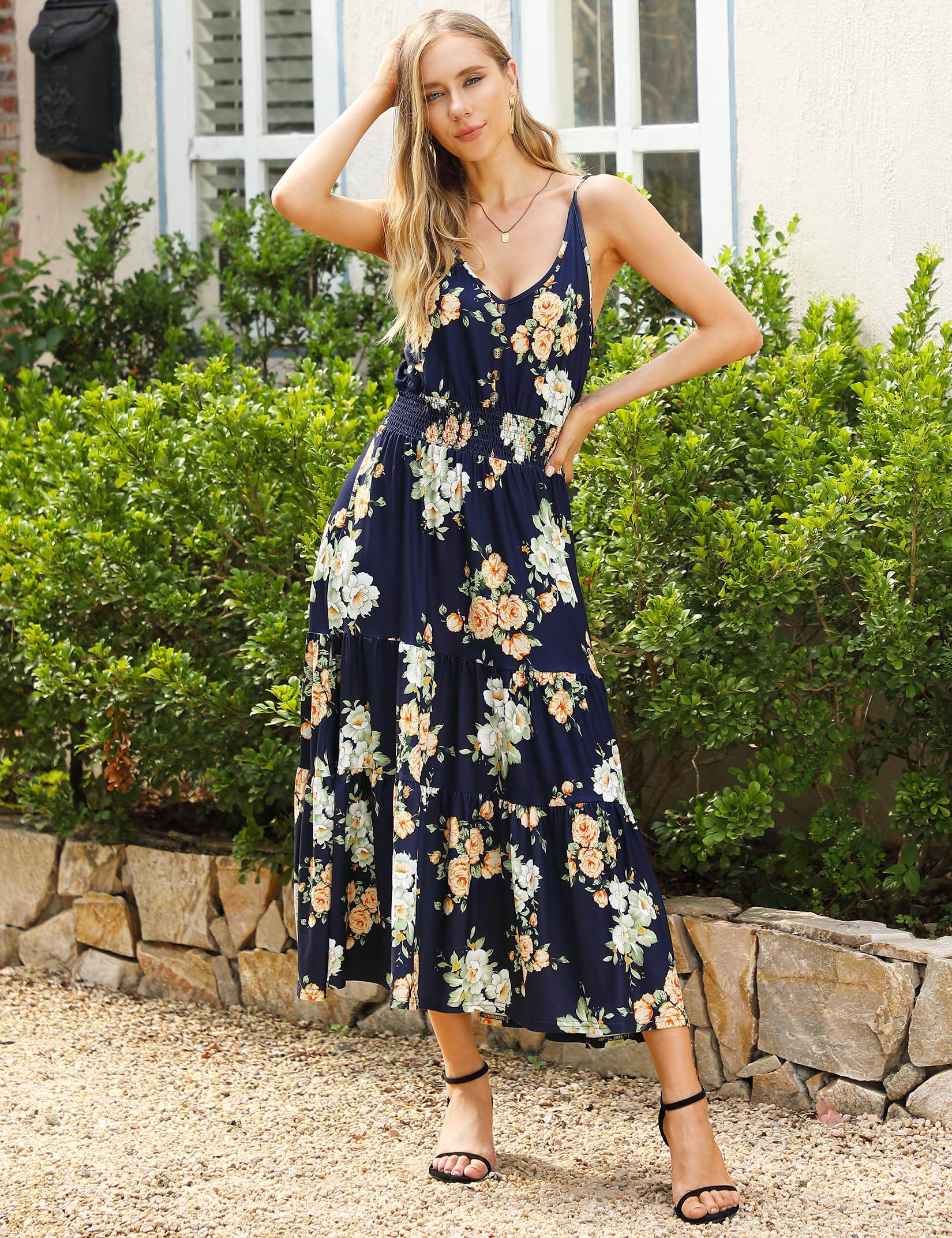 YESFASHION WOMEN Button Loose Waist Tight Waist Long Skirt Dress