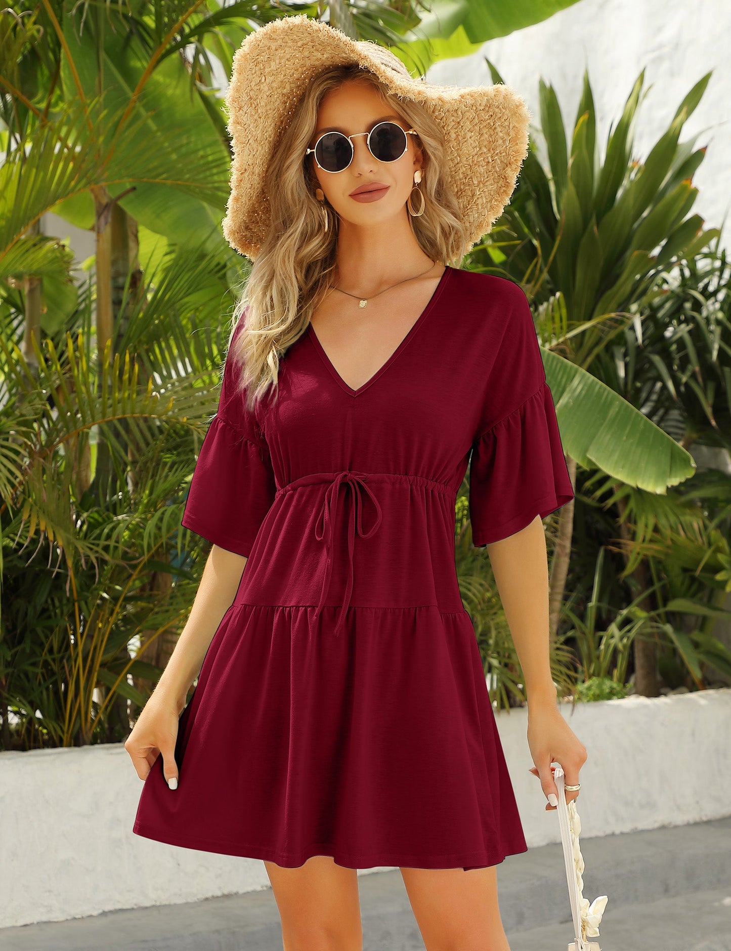 YESFASHION Women's Flowy Babydoll Casual Bell Sleeve Dress Yellow