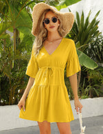 YESFASHION Women's Flowy Babydoll Casual Bell Sleeve Dress Yellow