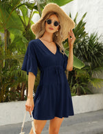 YESFASHION Women's Flowy Babydoll Casual Bell Sleeve Dress Navy Blue
