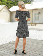 YESFASHION Women's Floral Print Puff Sleeve Ruffle Dress Leopard